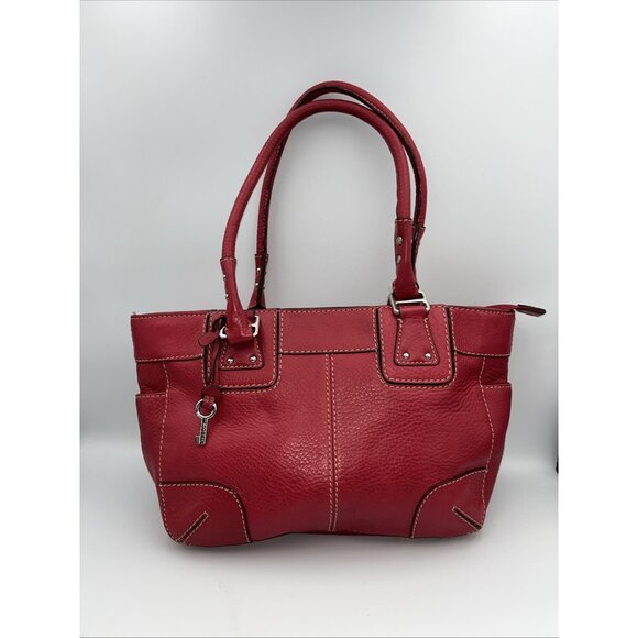 Vintage Fossil Red Leather Shoulder Handbag Purse Zip Closure Pockets EUC - Picture 2 of 8